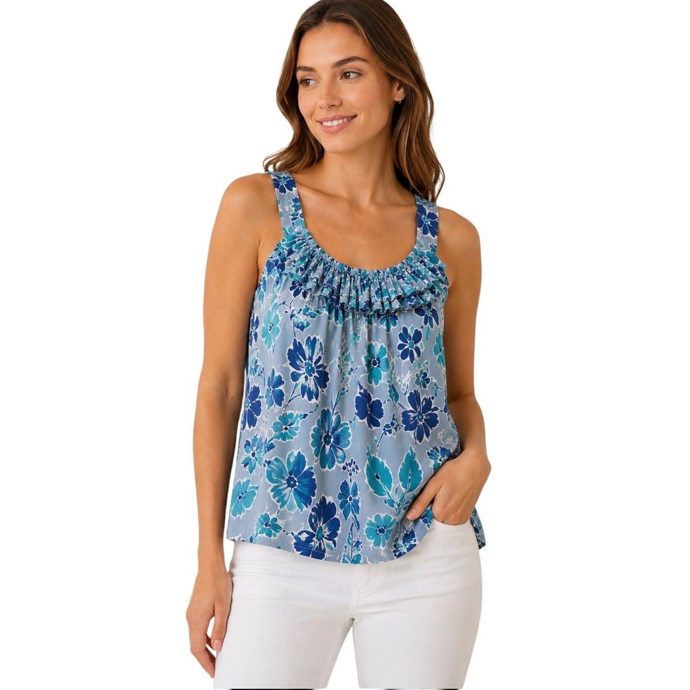 NWT LOFT Blue Floral Sleeveless Ruffle Neck Cotton Tank Top XS Summer